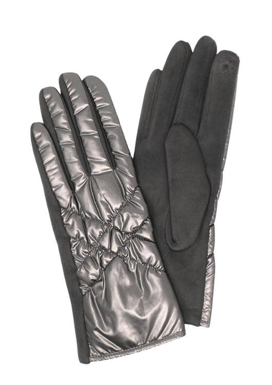Puffer Padded Quilted Shiny Smart Gloves-Charcoal