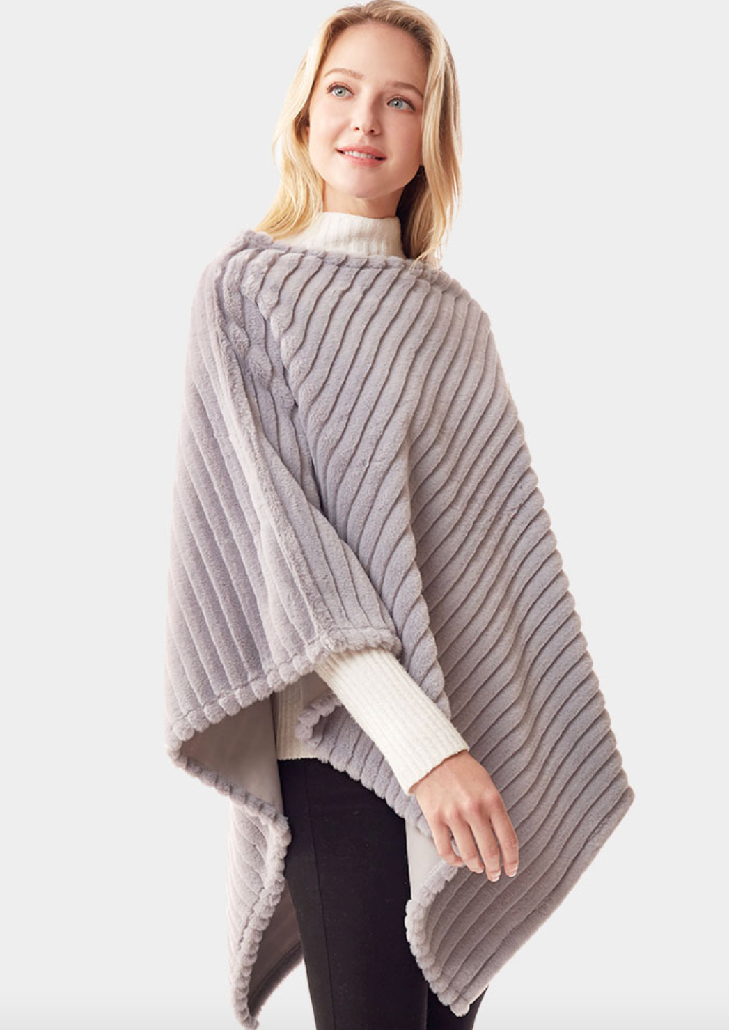 Faux Fur Poncho-Gray