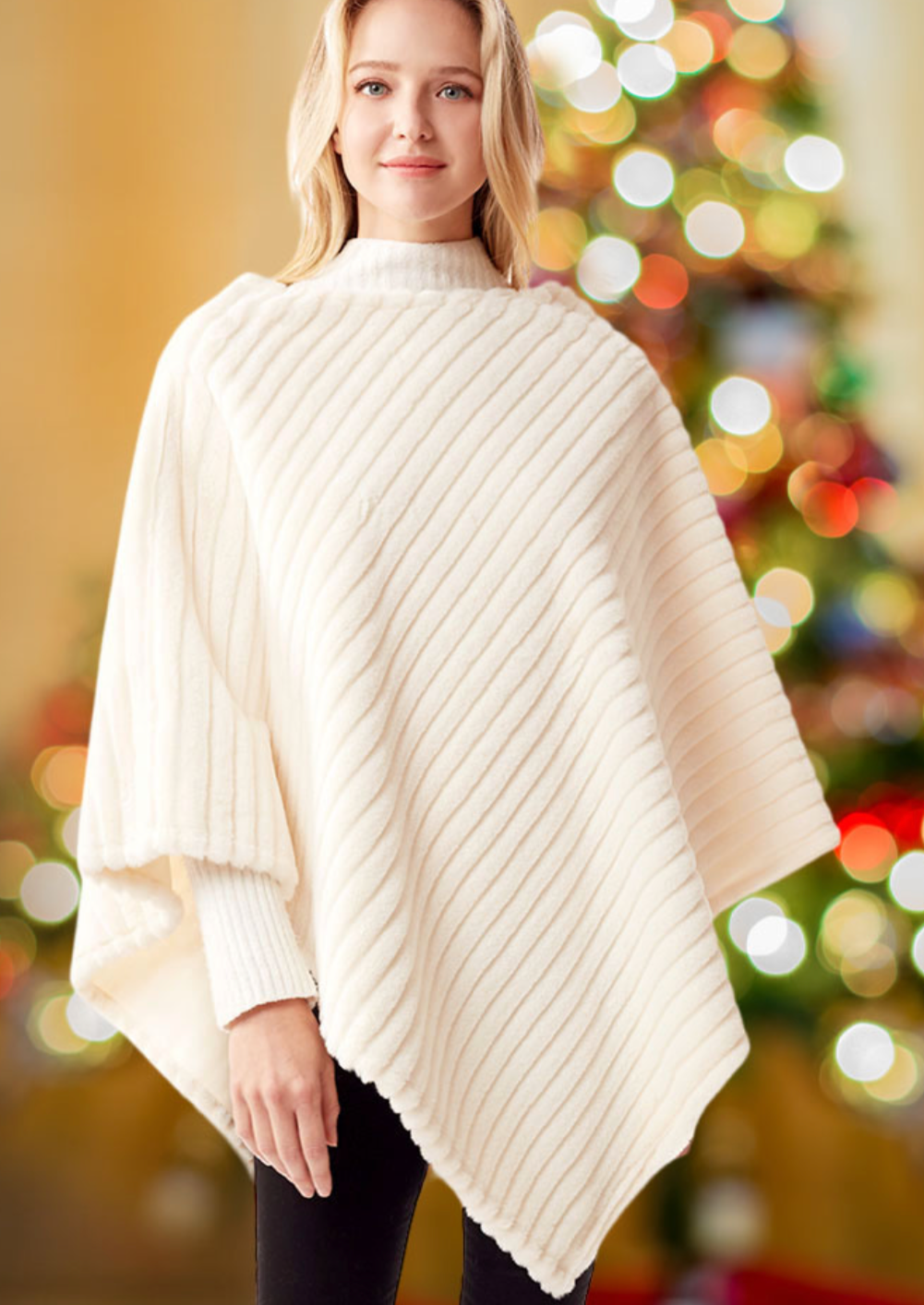 Faux Fur Poncho-Ivory
