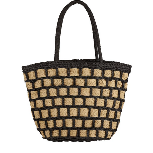 Two Tone Color Block Straw Tote Bag