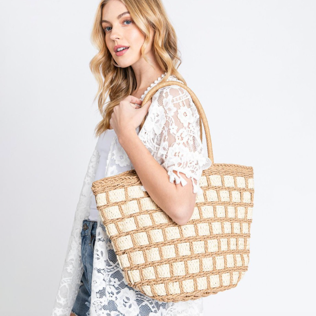 The ColorBlock Tote Straw Bag top