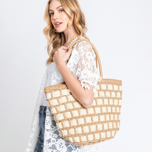 Two Tone Color Block Straw Tote Bag