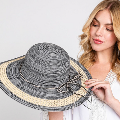 Mixed Straw Sun Hat With Woven Band And String Band