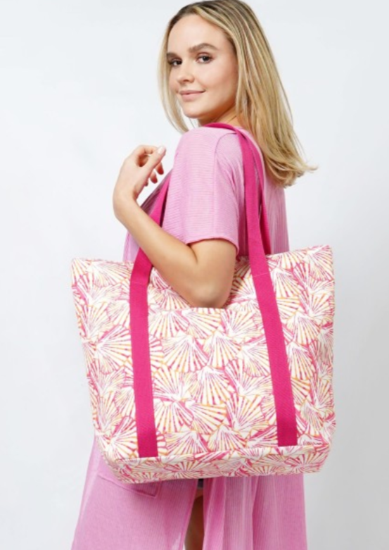Overlapping Shells Printed Canvas Beach Bag
