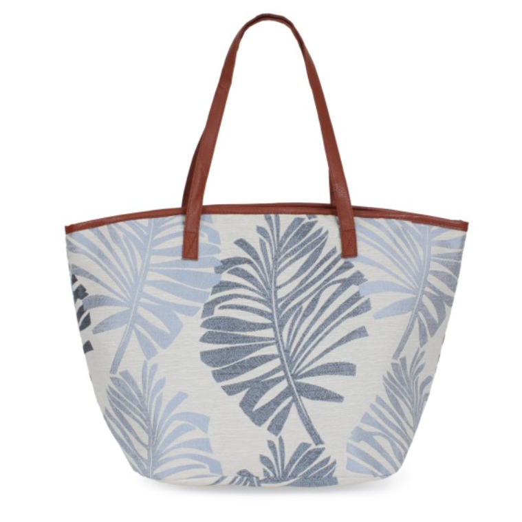 Embroidered Palm Leaves Beach Bag With Vegan Leather Straps-Blue