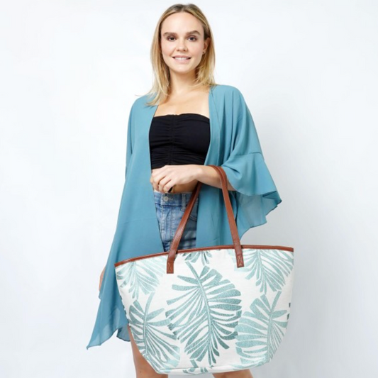 Embroidered Palm Leaves Beach Bag With Vegan Leather Straps-Mint