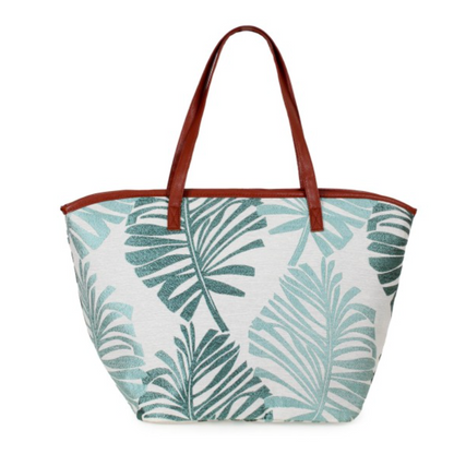 Embroidered Palm Leaves Beach Bag With Vegan Leather Straps-Mint