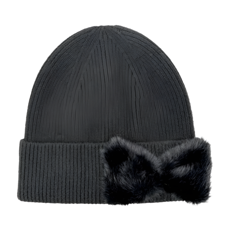 Faux Fur Bow Beanie-Black-50% OFF