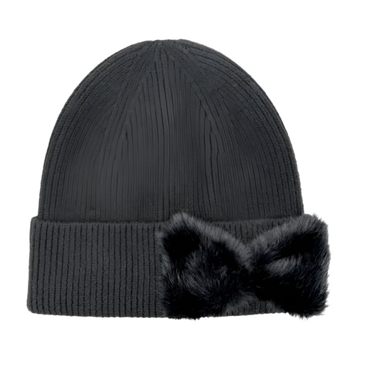 Faux Fur Bow Beanie-Black-50% OFF