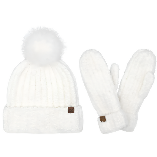 Cozy Yarn Hat & Mitten Set-White-50% OFF