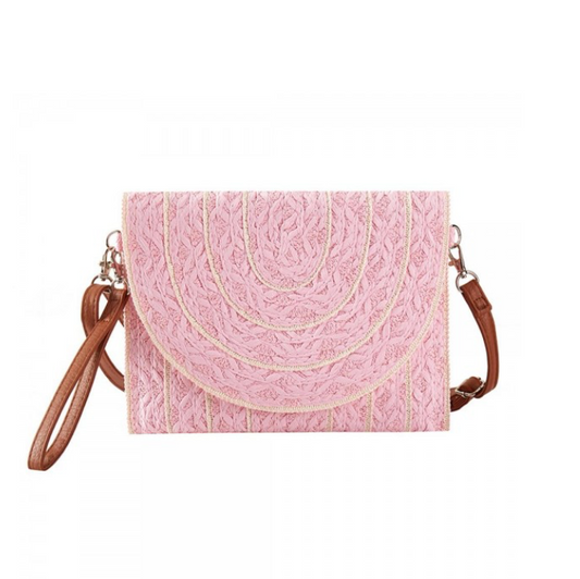 Woven Straw Clutch Cross-Body Bag-Pink