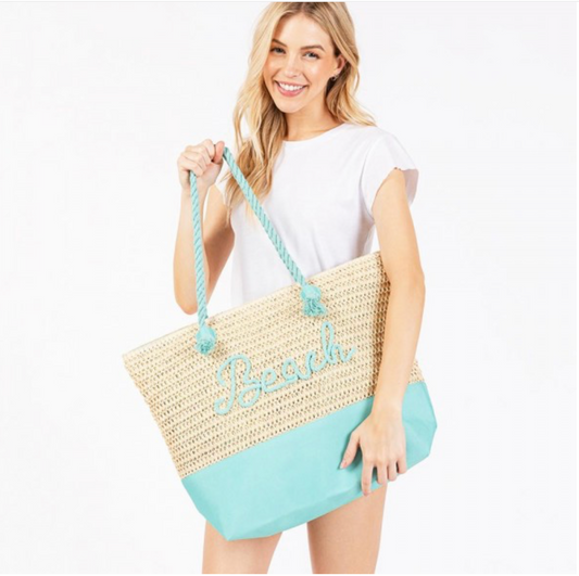 Canvas & Woven Straw Tote Bag-Blue