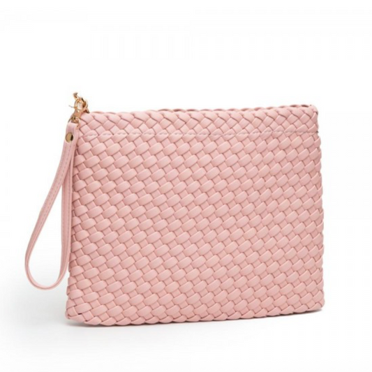 Faux Leather Woven Clutch-Pink