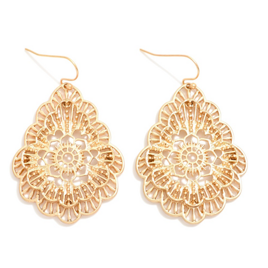 Layered Metal Tone Scalloped Teardrop Drop Earrings