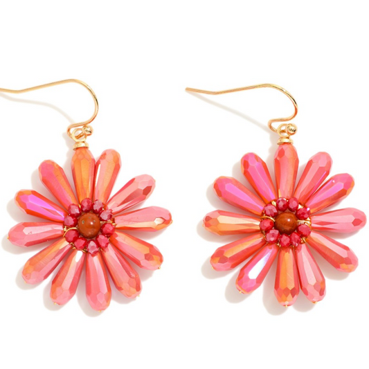 Beaded Flower Drop Earrings-Coral