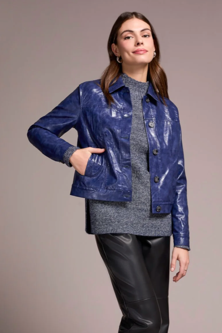 Faux Leather Button-Front Collar-Accent Jacket-NEW