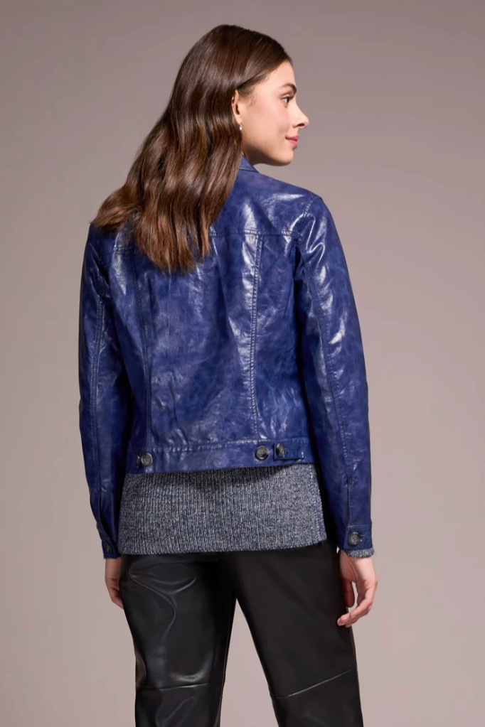 Faux Leather Button-Front Collar-Accent Jacket-NEW