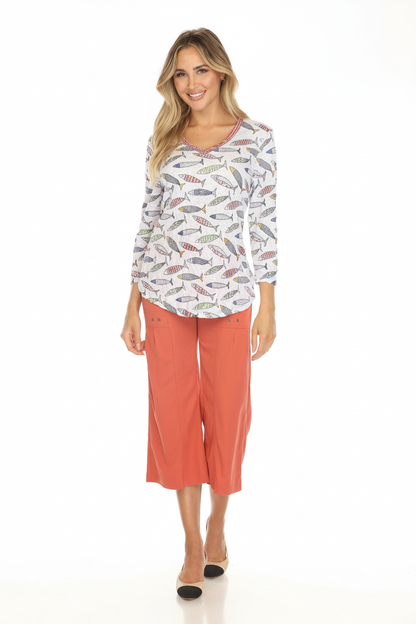 Fish Print V-Neck Top - Image 3