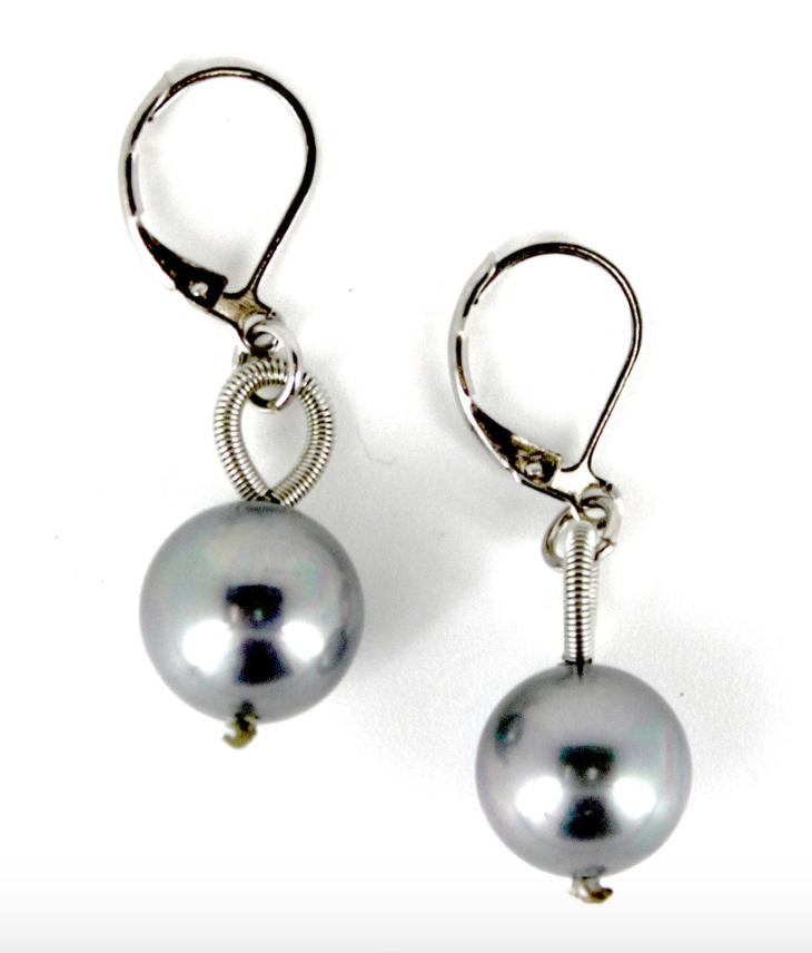 Sea Lily Silver Piano Wire Earrings with Silver Pearl