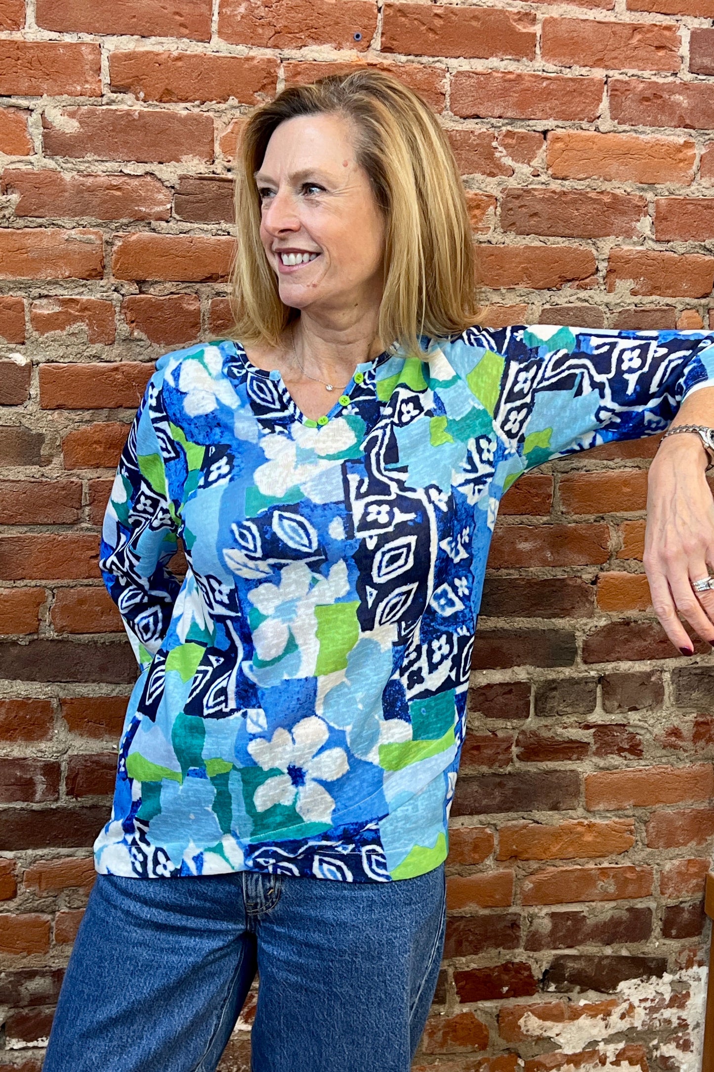 Shana Knit Button Detail Layered Bottom 3/4 Sleeve Top