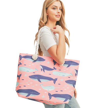 Whale Patterned Beach Tote Bag-Pink