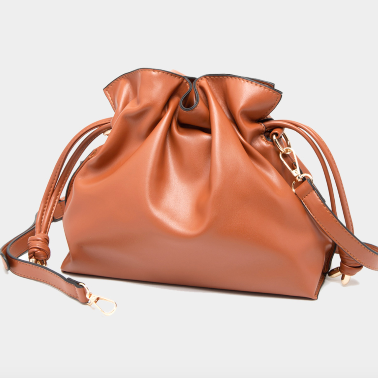 Solid Faux Leather Bucket Bag-Tan