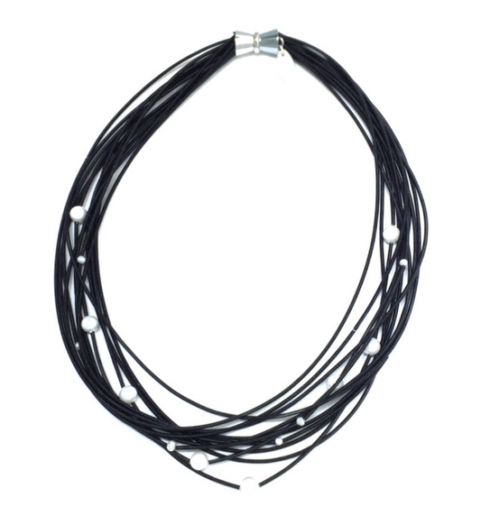 Multi Strand Black Piano Wire Necklace with Pearls