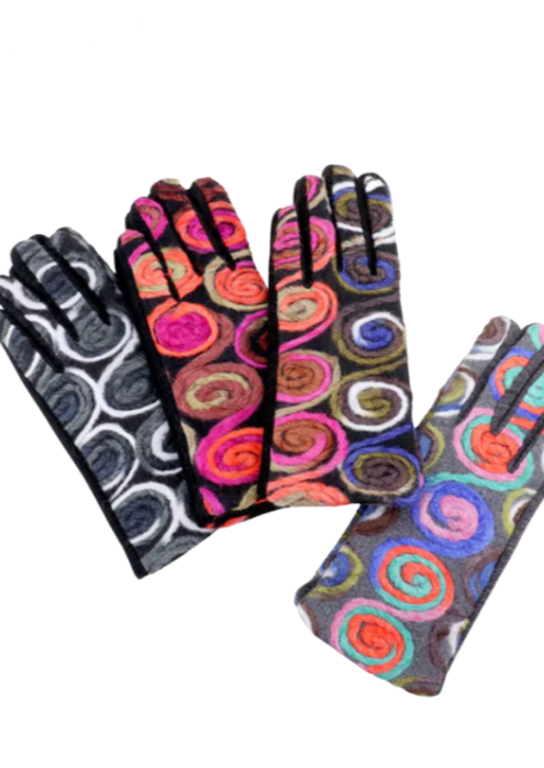 Swirl Embroidery Fur Lined Touch Gloves-4 Colors