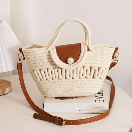 Woven Rattan Handbag With Leather Accents