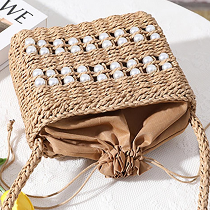 Woven Straw Crossbody Bag With Pearl Bead Accents