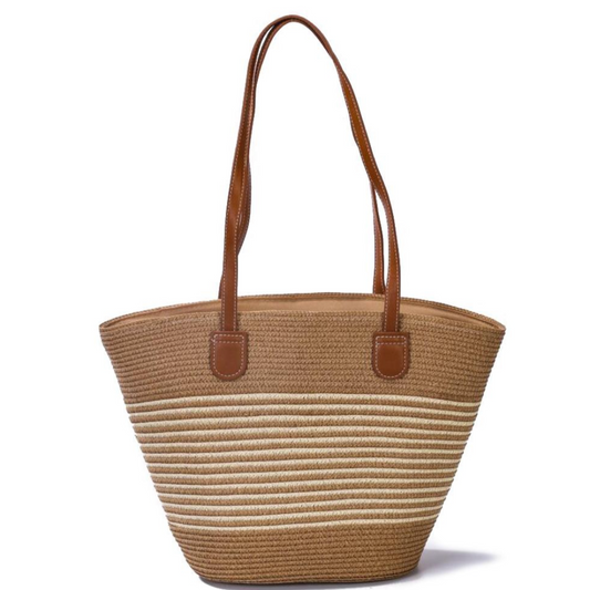 Woven Straw Tote Bag With Faux Leather Handles