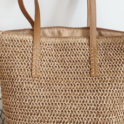 Woven Straw Tote Bag With Leather Straps-Brown