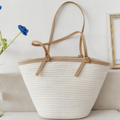 Woven Tote Bag With Knotted Leather Straps