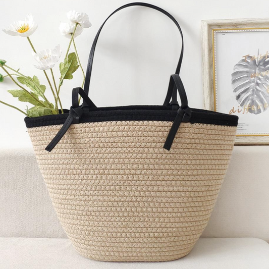 Woven Tote Bag With Knotted Leather Straps