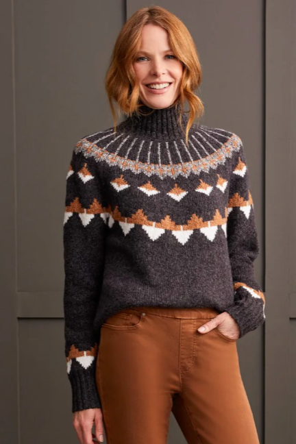 Tribal Mock Neck Intarsia Sweater