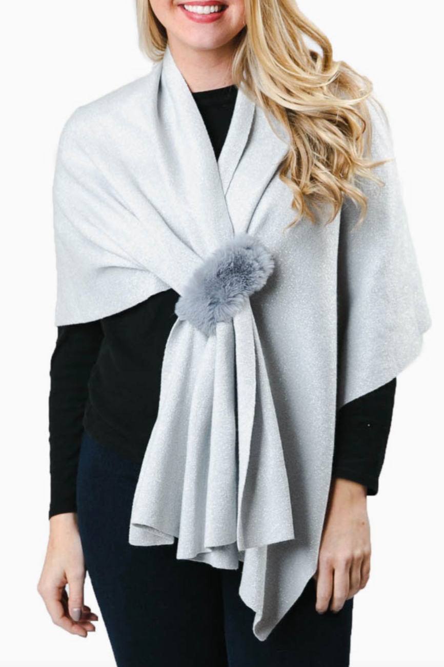 Katie Keyhole Metallic Wrap with Faux Fur Loop-Silver