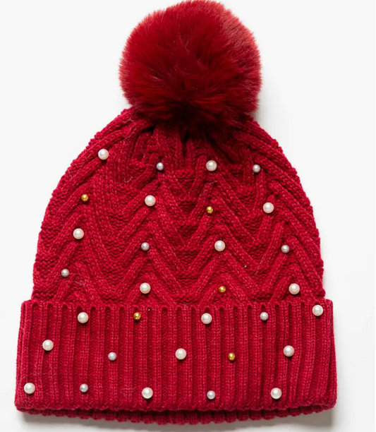 Raegan Bead & Pearl Beanie-Red