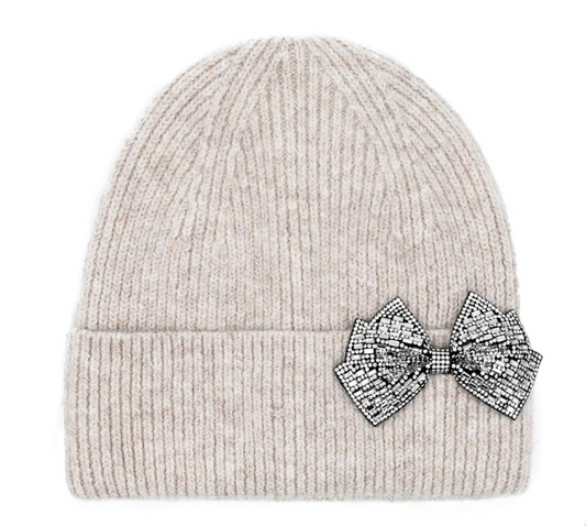 Rhinestone Bow Cuffed Beanie-Beige