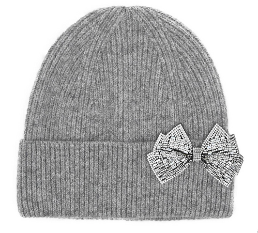 Rhinestone Bow Cuffed Beanie-Gray