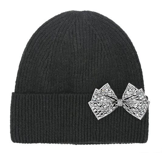 Rhinestone Bow Cuffed Beanie-Black