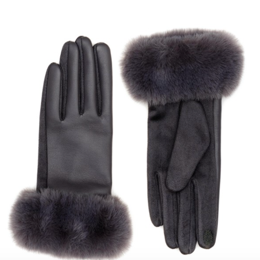 Faux Fur Cuffed Faux Leather Gloves-Brown