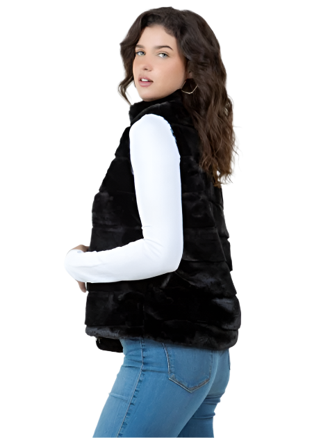 Tiered Faux Fur Vest With Collar-Black