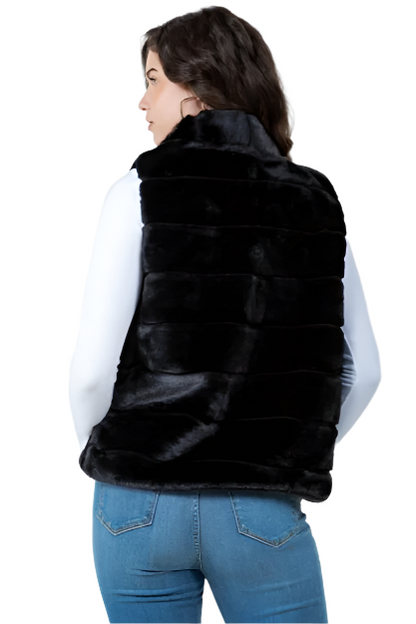 Tiered Faux Fur Vest With Collar-Black