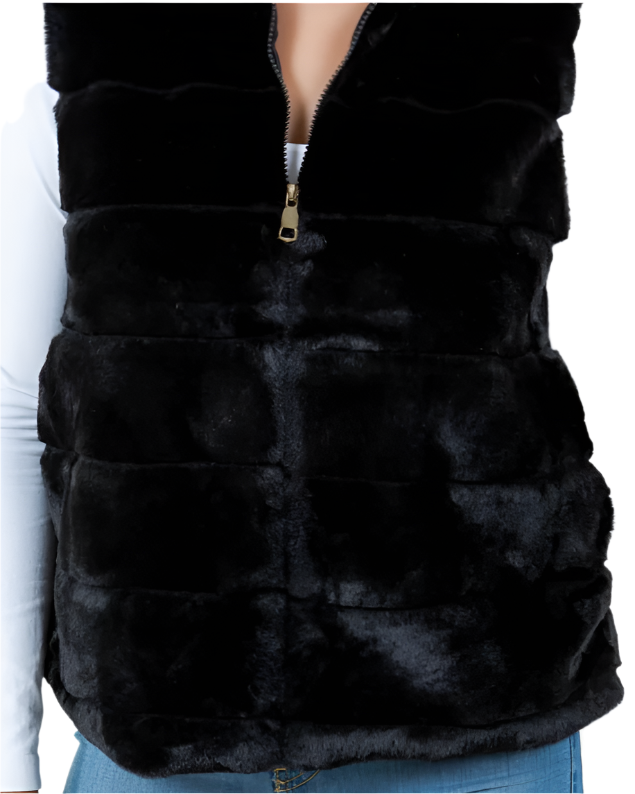 Tiered Faux Fur Vest With Collar-Black