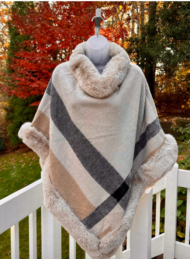 Faux Fur Trim Poncho-Ivory