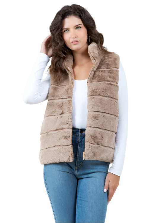 Tiered Faux Fur Vest With Collar -Taupe