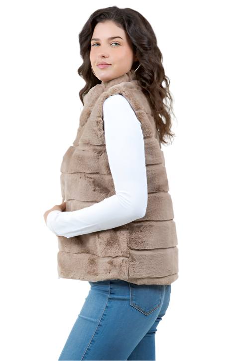 Tiered Faux Fur Vest With Collar -Taupe