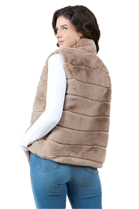 Tiered Faux Fur Vest With Collar -Taupe