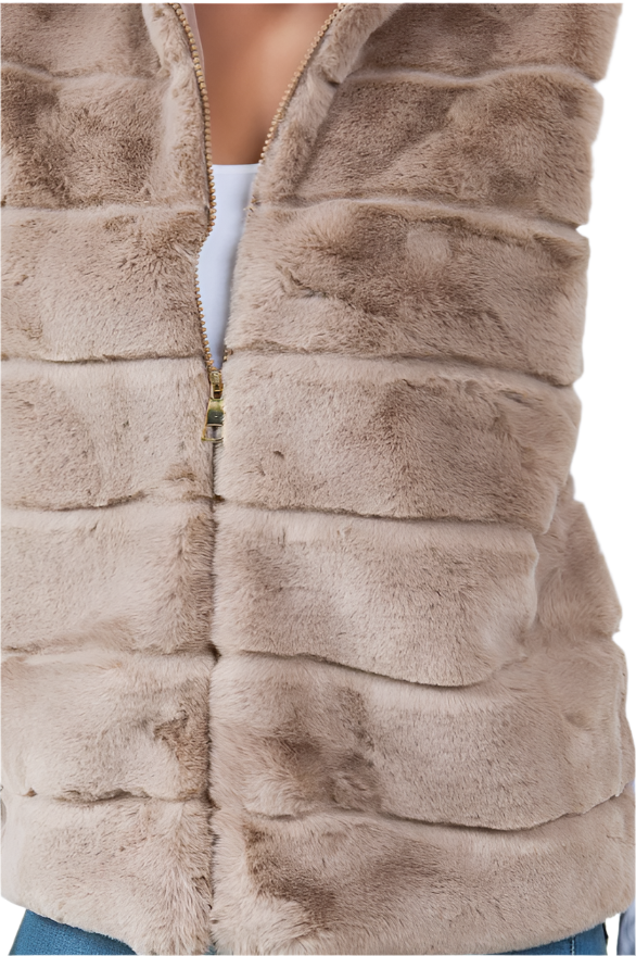 Tiered Faux Fur Vest With Collar -Taupe