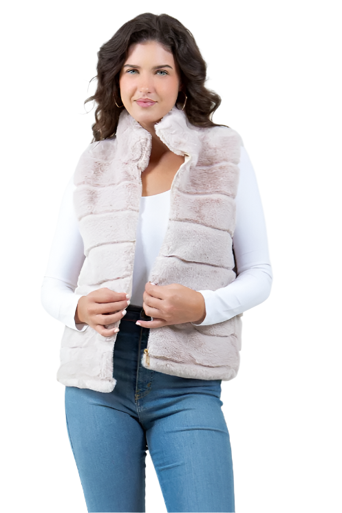 Tiered Faux Fur Vest With Collar-Beige